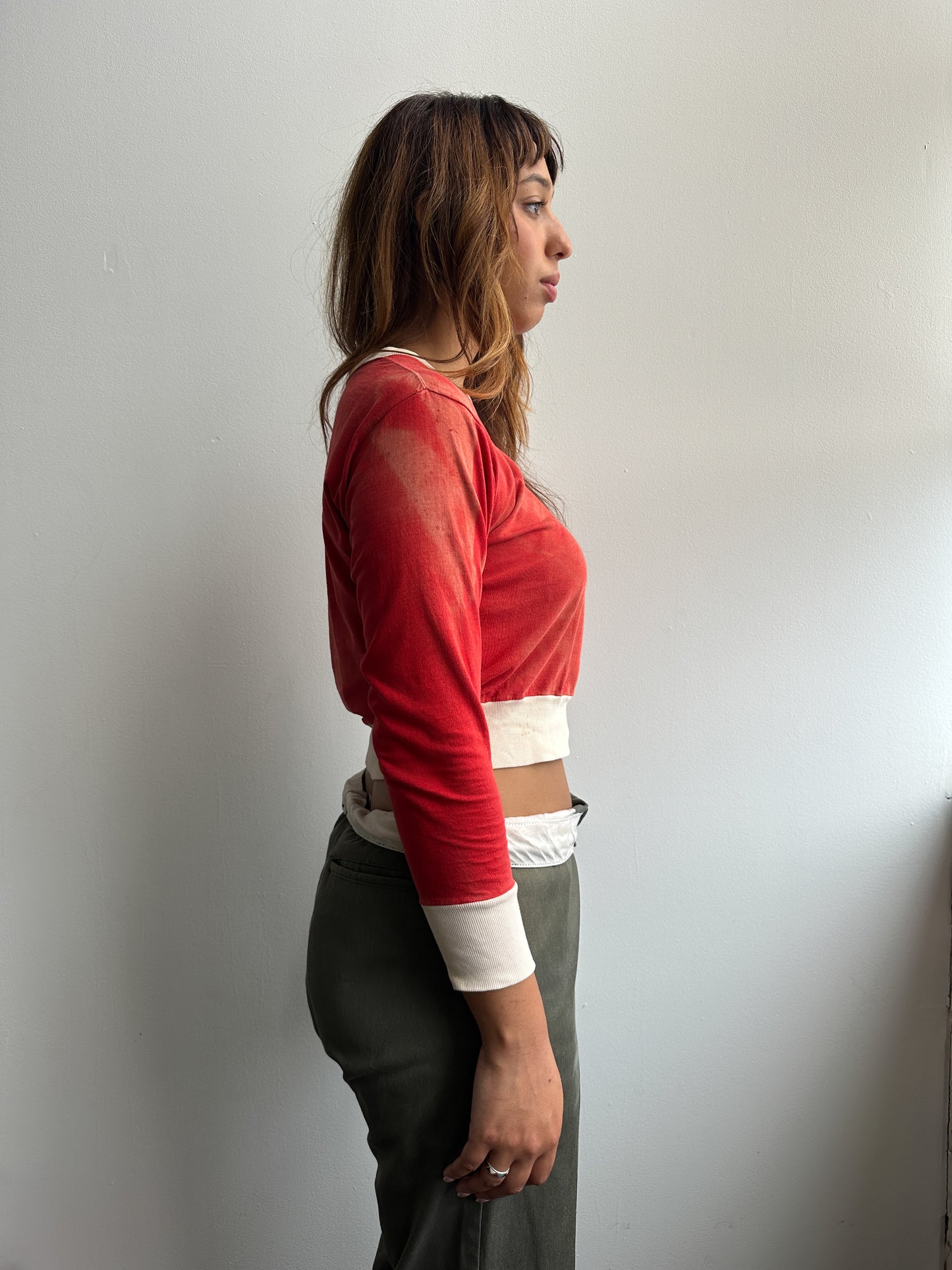 1950s Red Faded Cotton Two Tone Long Sleeve
