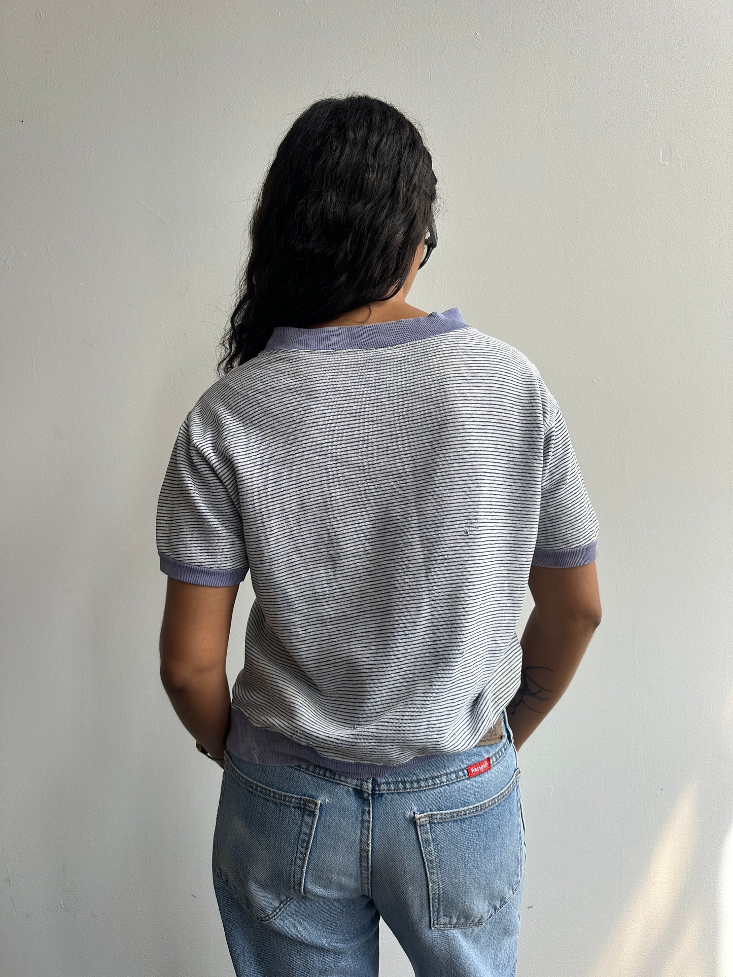 1960s Cotton Striped High School Short Sleeve Sweatshirt