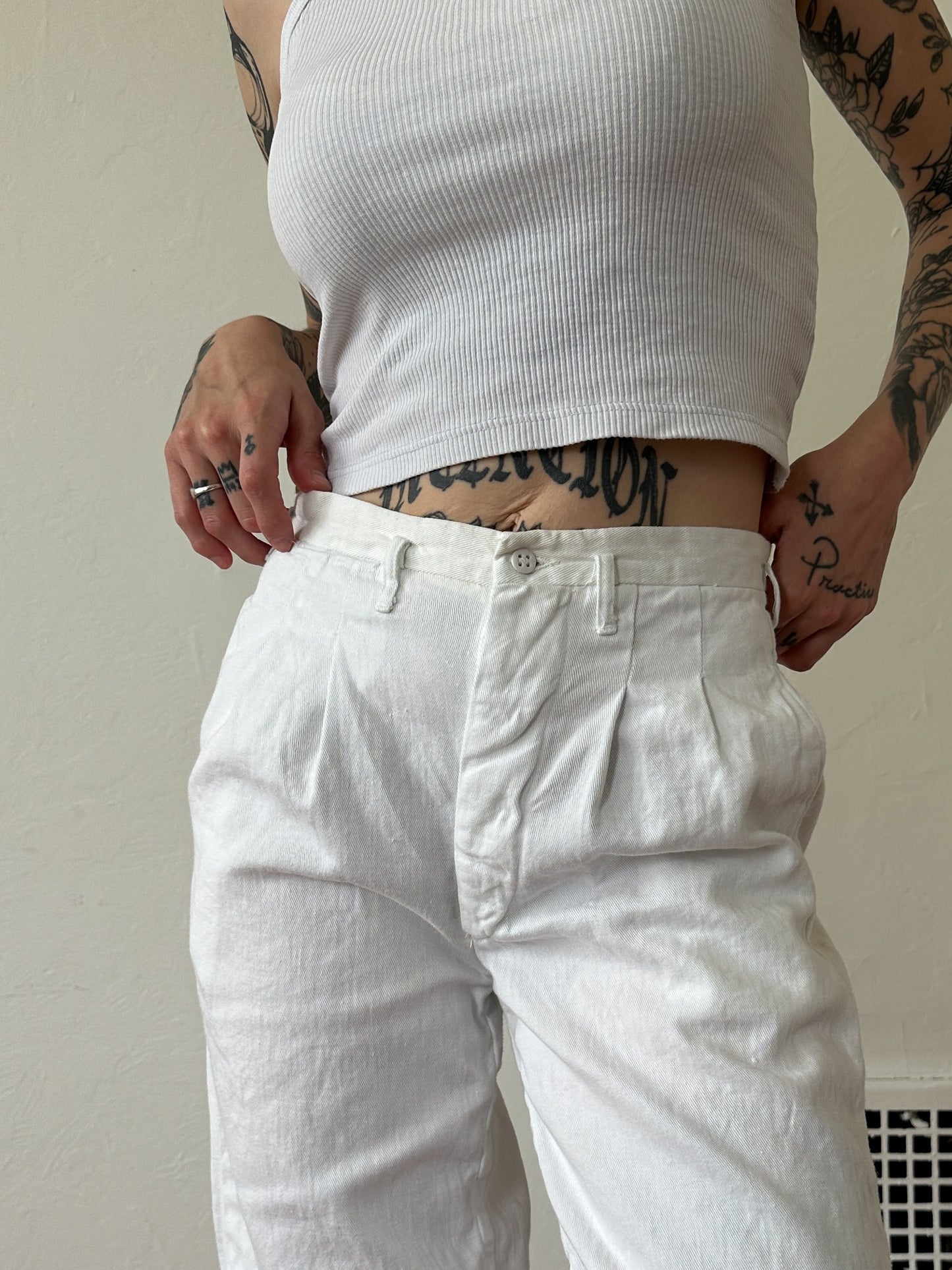 1950s Drop Loop Sanforized White Cotton Trousers