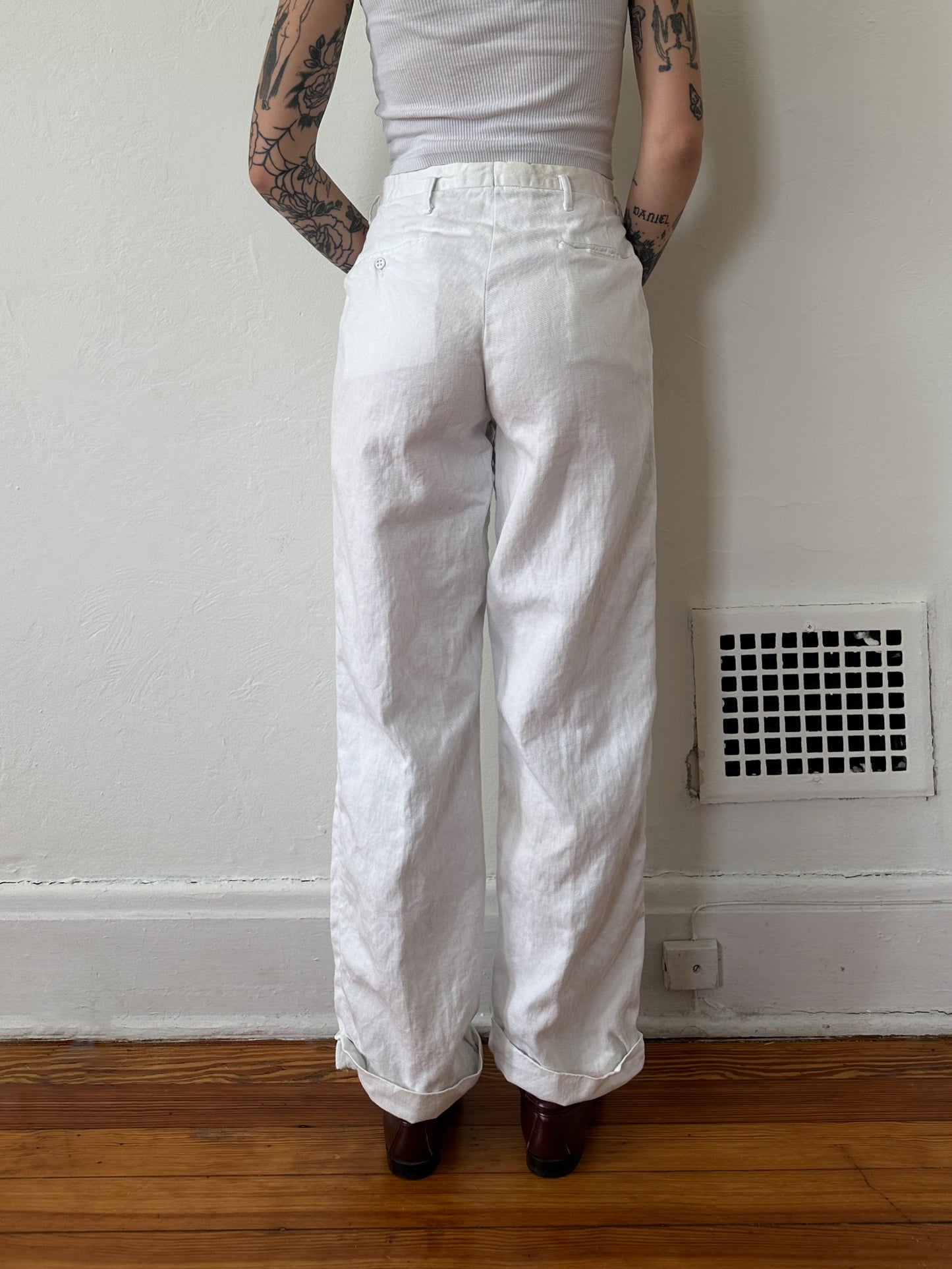 1950s Drop Loop Sanforized White Cotton Trousers