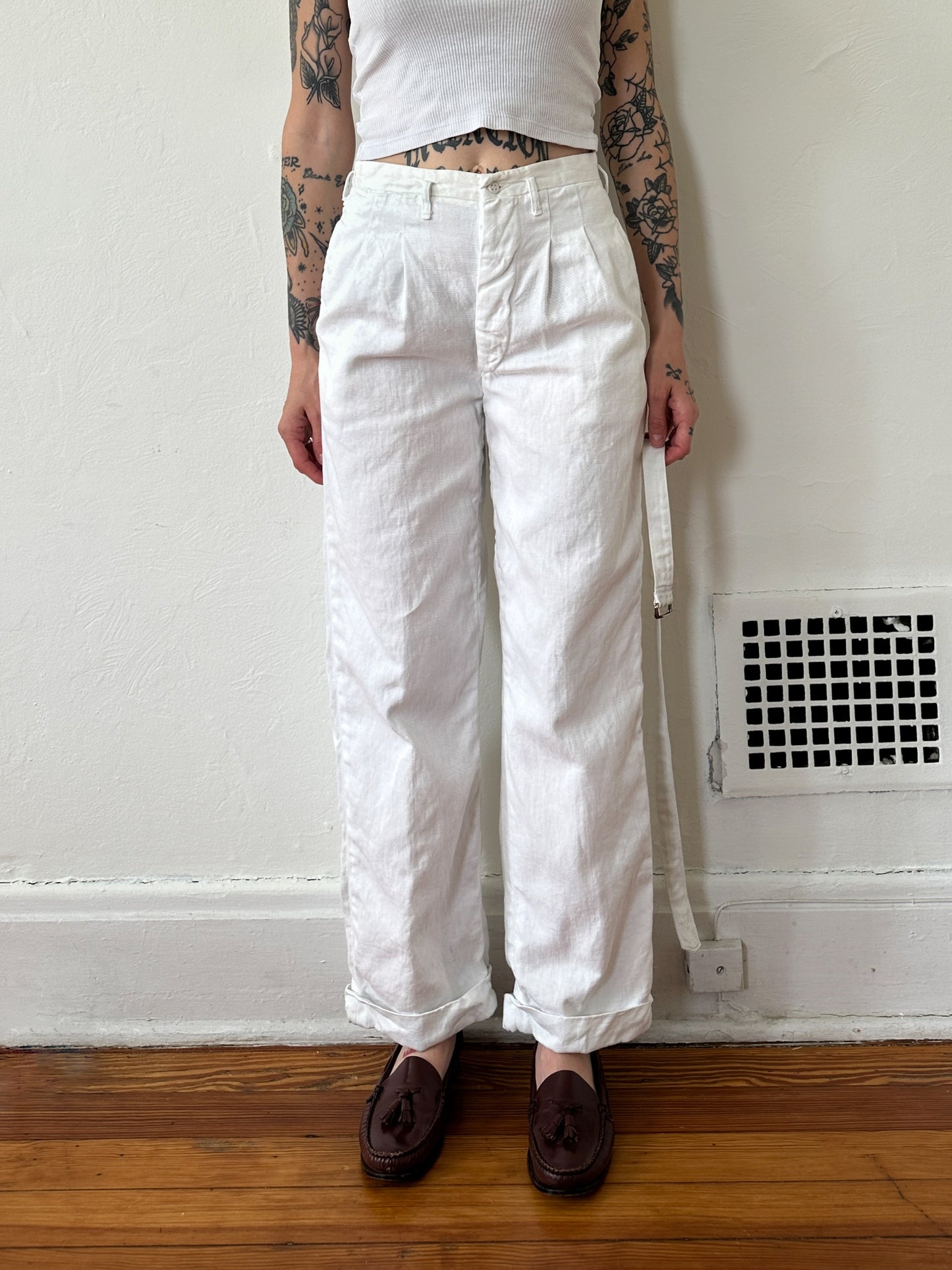 1950s Drop Loop Sanforized White Cotton Trousers