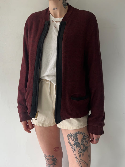 1950s Maroon Cotton Knit Zip Rockabilly Jacket