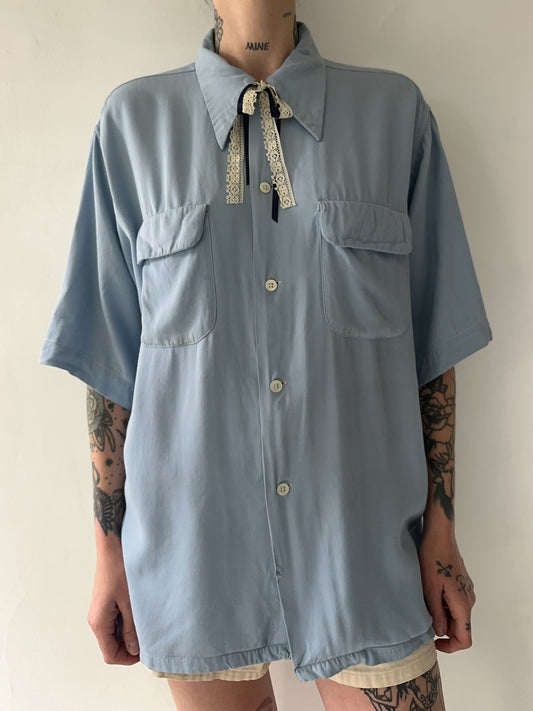 1950s Rayon Gab Baby Blue Button Up